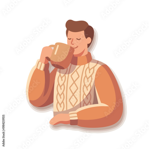 Man sipping tea in knitted sweater. Flat design vector illustration of person enjoying hot beverage. Winter comfort and hygge concept