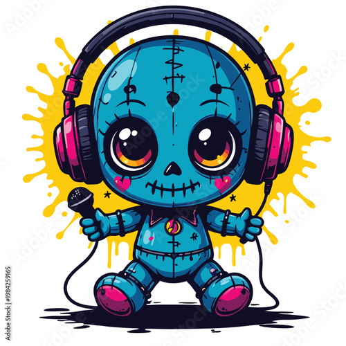 A whimsical blue stitched doll character with large eyes, wearing headphones and holding a microphone.