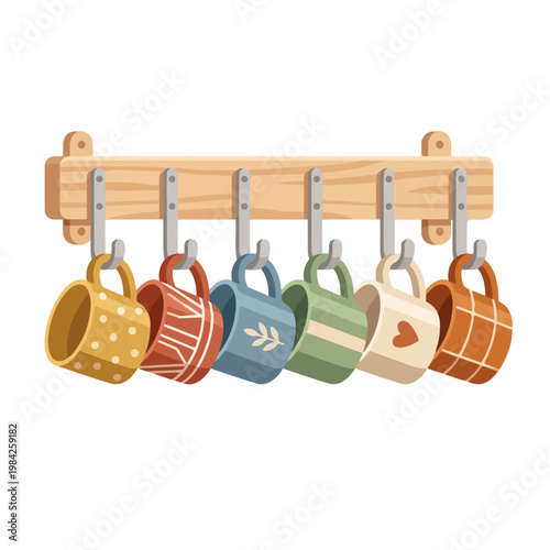 Hanging mugs rack. Flat design vector illustration of a wooden wall rack with colorful patterned coffee cups. Kitchen organization concept