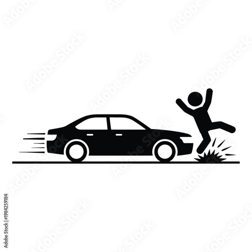 Car accident with pedestrian hit by vehicle silhouette icon for road safety and insurance.