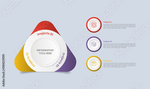 Triangle base shape infographic with glossy gradient style with big round edge bold with rotary knob with three segment information