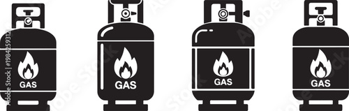Gas cylinder icons with flame and text GAS for fuel energy storage transportation and industrial use diverse designs vector set.