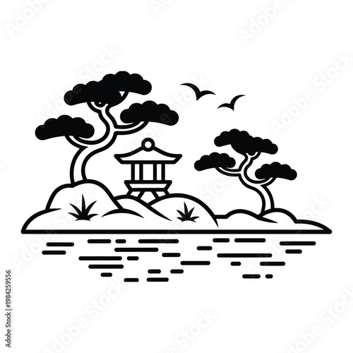 Japanese garden landscape with pagoda and bonsai trees outline vector illustration