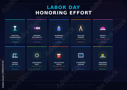 Labor day vector icons for worker safety and fair wages