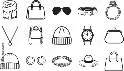 An artistic collection of fashionable accessories presented in a clean, minimalist style. This collection showcases a curated selection of stylish accessories. 