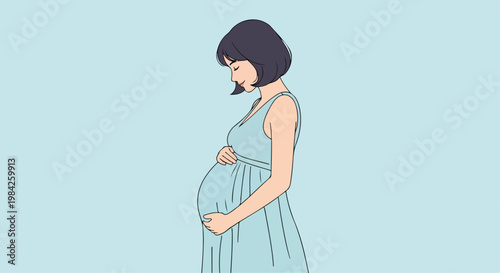 Pregnant woman in blue dress holding her belly, happy future mother expecting a baby, flat vector illustration of pregnancy and motherhood