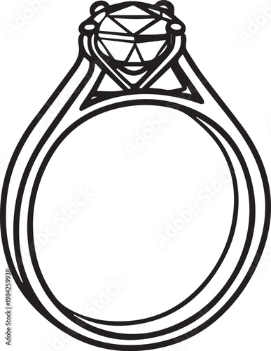 A close-up line drawing captures the elegance of a classic engagement ring with a dazzling diamond center stone. Embodying love and commitment, this timeless piece.