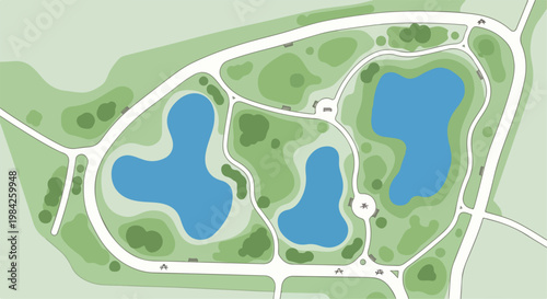 Minimalist Park Map Illustration with Lakes and Roads