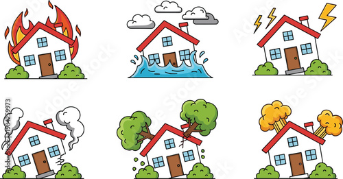 Natural Disaster and Emergency House Icon Set with Fire, Flood, Lightning, Smoke, Falling Tree, and Explosion Damage Illustrations for Websites, Apps, and Digital Media