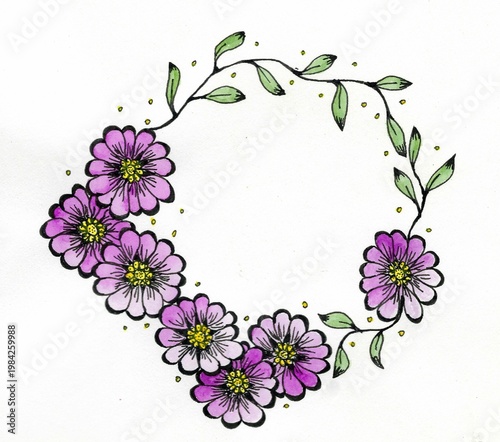 Watercolor and ink floral wreath with purple flowers hand drawn illustration