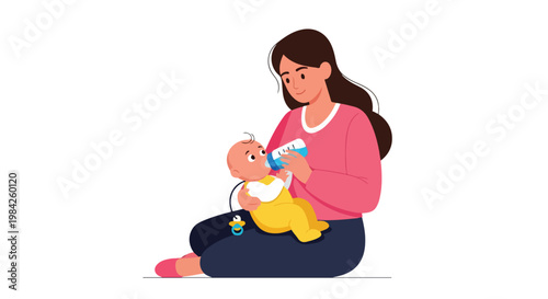 Mother bottle feeding her baby, caring young mom holding infant child, flat vector illustration of parenthood and nursery care