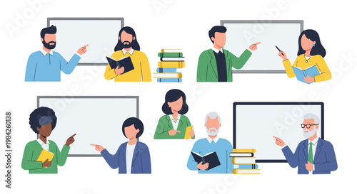 Diverse teachers and professors set, academic educators with whiteboards and books, university faculty characters in flat vector style