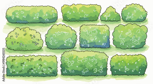 Watercolor garden bushes set, 11 green shrubbery elements in EPS format, hand drawn landscape vegetation for park and backyard design