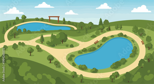 Cartoon Public Park with Lakes and Winding Paths Illustration