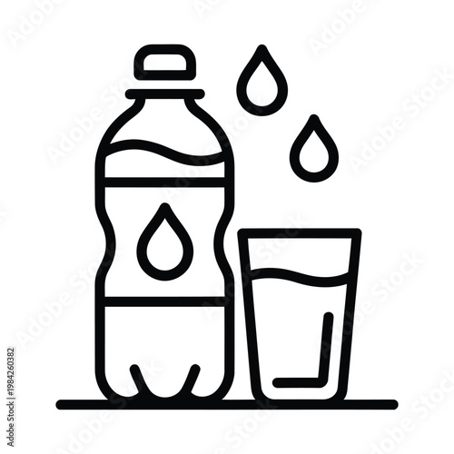 Water bottle and glass of mineral water line art vector icon for pure hydration and health.