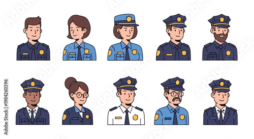 Police officer avatar collection, set of 10 law enforcement character icons in flat line style, diverse security personnel portraits for web and app design