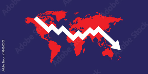 World map background with falling economic arrow showing global financial crisis and market crash on dark blue backdrop.
