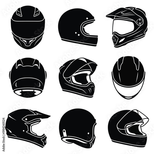 Motorcycle Helmet Silhouette Set - 9 Vector Designs for Tattoos and Logos