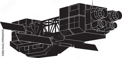 Futuristic spaceship, sci-fi vehicle, black illustration, white outline, vector graphic