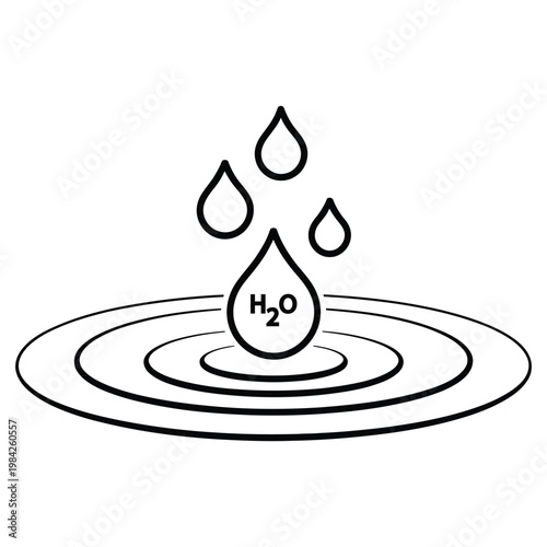 Water H2O droplet and falling ripples outline vector icon for hydration and purity themes.