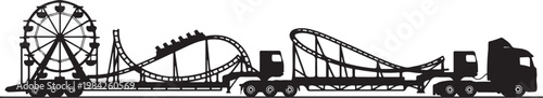 Amusement park rides on truck, carnival attractions, vector illustration, black silhouette, fairground elements
