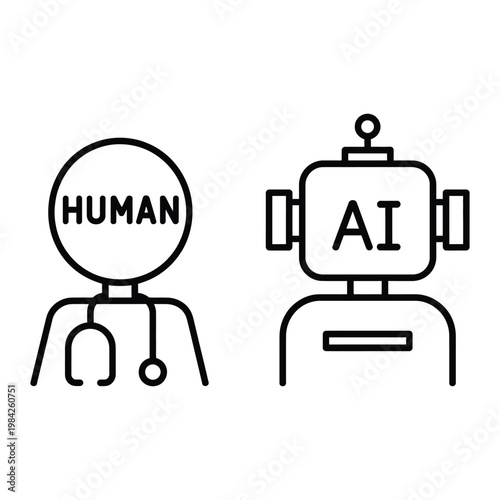Human doctor and AI robot healthcare icon comparison in medical outline vector style