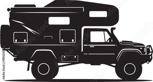 Black silhouette camper truck, recreational vehicle, motorhome, camping vehicle