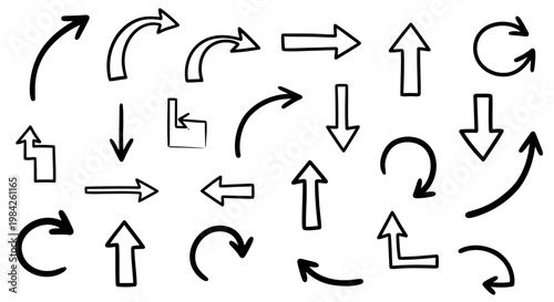 Black arrows on white background, various directions and styles