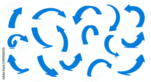 Blue arrows, various curved and bent, on white background