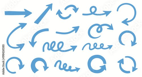 Blue hand-drawn arrows on white background, various directions and styles