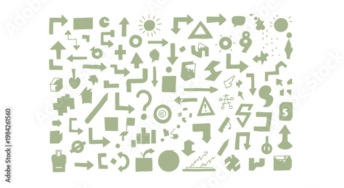 Green symbols, and arrows on white background, signs abstract