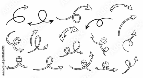 Hand-drawn arrows, black and white various curved and looped