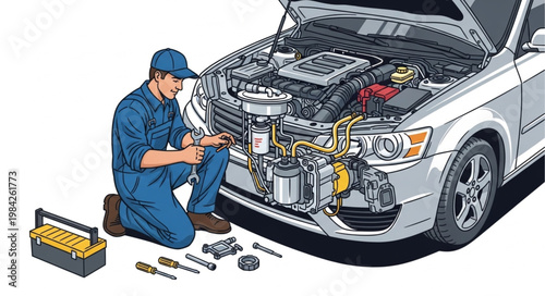Mechanic working on car engine with tools and toolbox.
