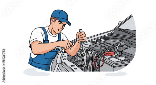 Mechanic working on car engine with tools in workshop.