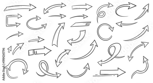 Hand-drawn arrows, various directions and styles on white background