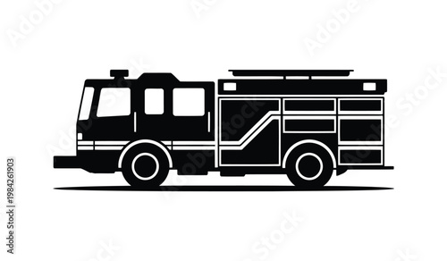 Fire Rescue Truck Silhouette Vector, Emergency Fire Engine Black Icon, Firefighter Response Vehicle Design on White Background