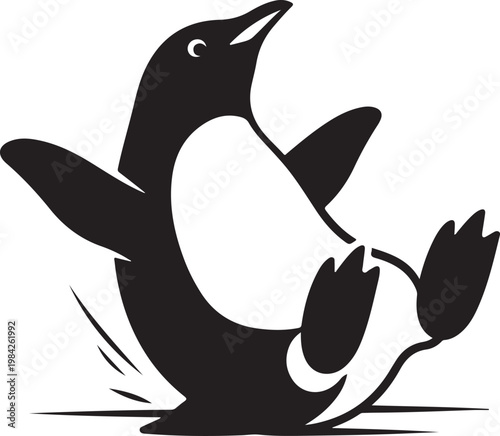 Penguin Playing On Ice Surface.