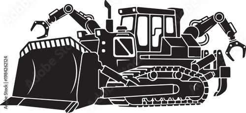Bulldozer, heavy equipment, construction vehicle, industrial machine, black and white vector