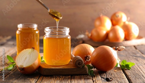 Onion and honey, wooden setting. Spoon pouring honey into jar. Healing remedy ingredients