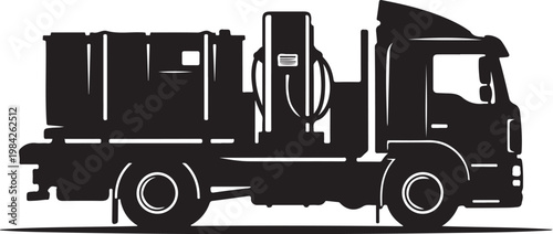 Black garbage truck, waste management vehicle, sanitation truck, vector illustration