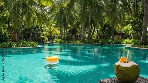 Tropical pool with coconut drink and inflatable ring surrounded by palms  
