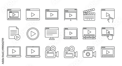 Essential vector graphic illustration showcasing multimedia player interfaces, streaming services, and video production equipment symbols