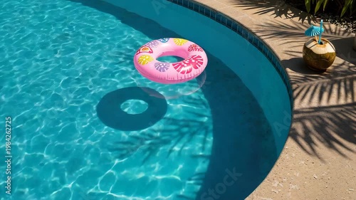 Pink inflatable swim ring floating in a blue swimming pool  