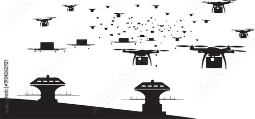 Drone, drone swarm, black silhouette, flying robots, surveillance icons