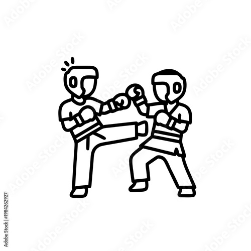 Two martial artists sparring in a dynamic fighting pose  