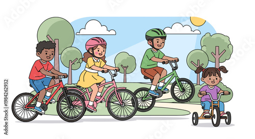 Four diverse children enjoying a sunny day riding bicycles and a tricycle through a park with trees and clouds.
