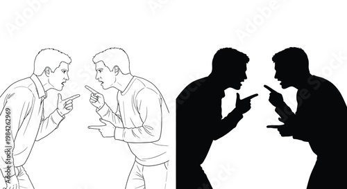 Vector illustration of two angry men in a heated argument, pointing fingers and shouting at one another.