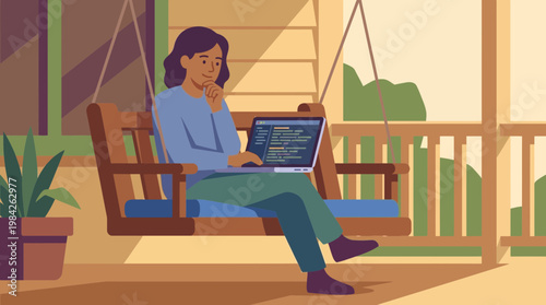 Woman Software Developer Working on Laptop on a Porch Swing