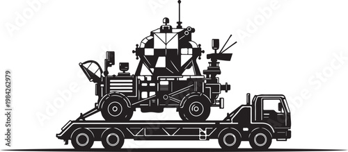 Black truck, flatbed trailer, heavy equipment transport, industrial vehicle