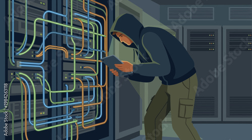 Cybersecurity Breach with Hacker in Data Center Server Room